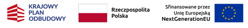logotyp Krajowego Planu Odbudowy, Flaga Rzeczpospolitej Polskiej oraz flaga Unii Europejskiej i napis sfinansowane przez Unię Europejską NextGenerationUE