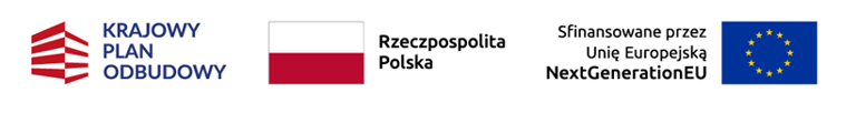 logotyp Krajowego Planu Odbudowy, Flaga Rzeczpospolitej Polskiej oraz flaga Unii Europejskiej i napis sfinansowane przez Unię Europejską NextGenerationUE